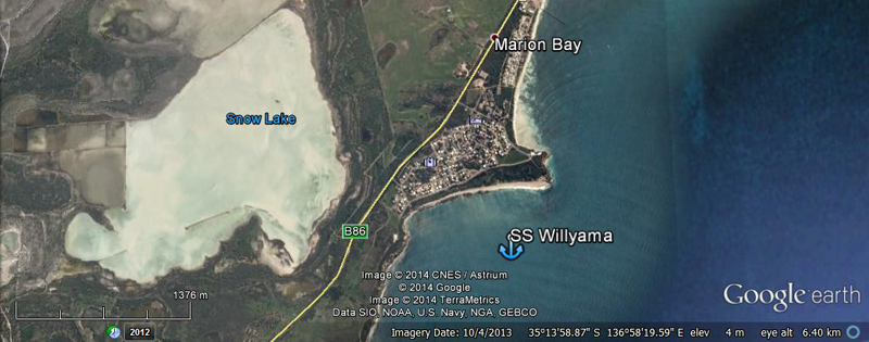 Map of Marion Bay & SS Willyama wreck - Google Earth 2013
